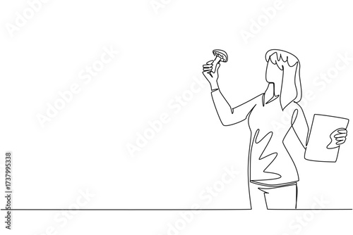 Continuous one line drawing a woman holding a book and the other hand holding a mushroom. Classifying by type. Observing. National Mushroom Hunting Day. Single line draw design vector illustration