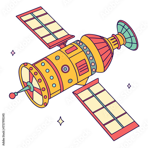 Yellow satellite with red and teal accents in space