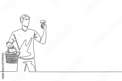 Single one line drawing a man carrying a rattan basket filled with mushrooms in one hand. Surprised. Get blessings. Edible. National Mushroom Hunting Day. Continuous line design graphic illustration