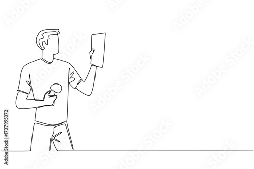 Single continuous line drawing a man holding a book and other hand holding a mushroom. Observing types and shapes based on science. National Mushroom Hunting Day. One line design vector illustration