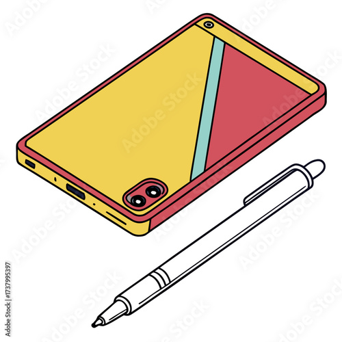 Yellow tablet with red and blue accents and pen stylus