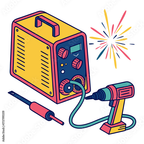 Yellow welding machine with drill and sparks industrial