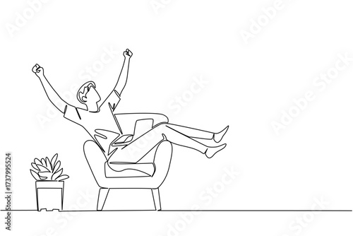 Single continuous line drawing a man sits on sofa with his legs and arms up and a laptop on his stomach. New business deal. Happiness. National Work From Home Day. One line design vector illustration