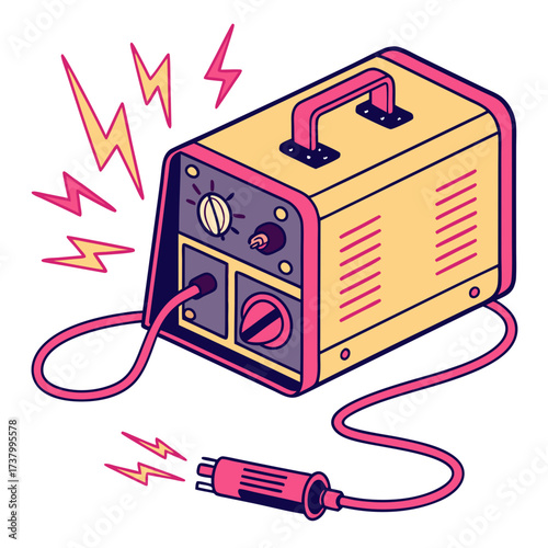 Yellow welding machine with pink accents and lightning bolts
