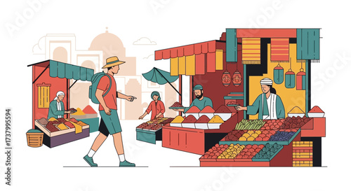 Captivating Illustration of a Tourist Exploring a Vibrant Middle Eastern Marketplace with