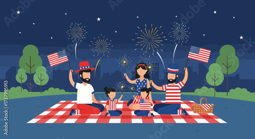Celebrating Independence Day: A Family Enjoying Fireworks and Festivities Outdoors