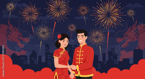 Celebrating Chinese New Year with a Couple in Traditional Clothing Under Fireworks