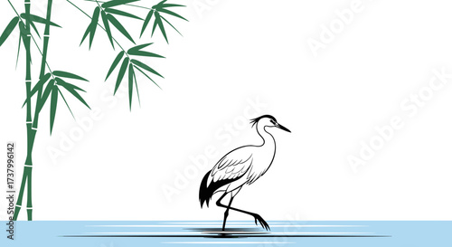 A graceful crane walks through shallow water near a bamboo grove.10.