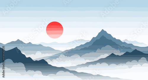 Serene mountain landscape with a vibrant red sun rising over misty peaks.