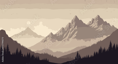 A serene landscape painting showcasing majestic mountain ranges under a hazy sky.