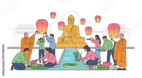 Celebrating Vesak Day with Lanterns and Offerings around Buddha Statue in Temple