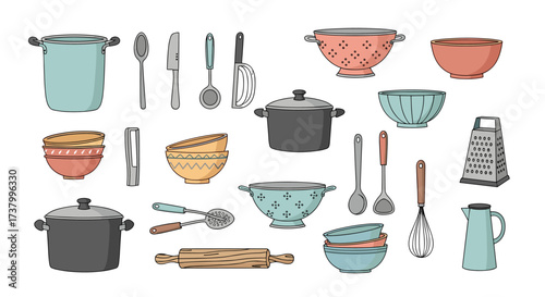 A Collection of Assorted Kitchenware Items Including Pots Pans Bowls and Utensils for Culinary Needs.