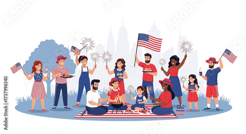 Celebrating Independence Day: A vibrant family picnic with American flags and sparklers creates a