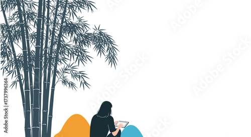 A person sits peacefully under tall bamboo trees with colorful cushions scattered around them.