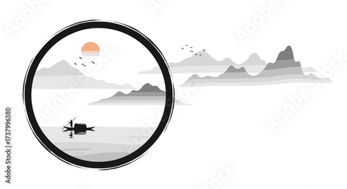 Serene mountain landscape with a lone boat sailing on a tranquil lake at sunrise.