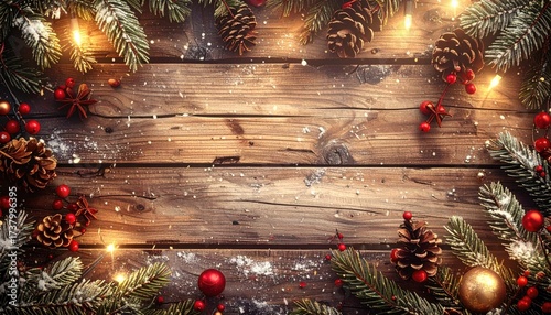 Festive Christmas Composition Featuring Pine Cones Greenery Red Berries and Lights on Distressed Wooden Surface Overhead Flat Lay