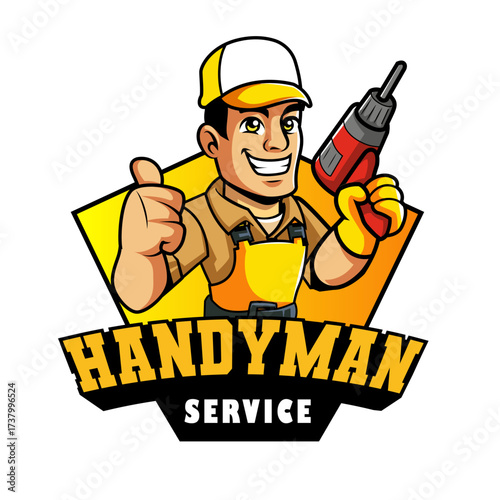 Professional Handyman Service Logo Featuring a Cheerful Carpenter with a Drill and Thumbs Up