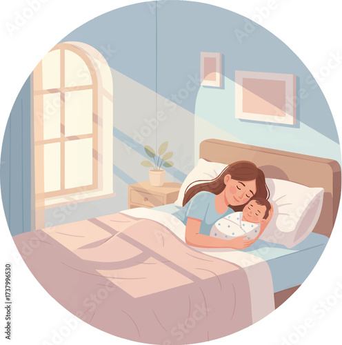 Loving mother embraces newborn baby in cozy bedroom bathed in soft morning light, creating a heartwarming and tender scene of maternal love and peaceful bonding.