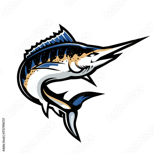 A powerful blue marlin fish leaping in a dynamic pose. This stylized vector illustration serves as a perfect mascot for a sports team or fishing club emblem