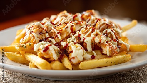 Indulgent loaded fries piled high with crispy fried chicken pieces, drizzled generously with creamy mayonnaise and savory barbecue sauce, a perfect comfort food