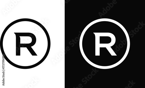 Registered trademark symbol vector illustration, black and white circle design, legal copyright mark, official intellectual property icon, branding protection logo, company registration label