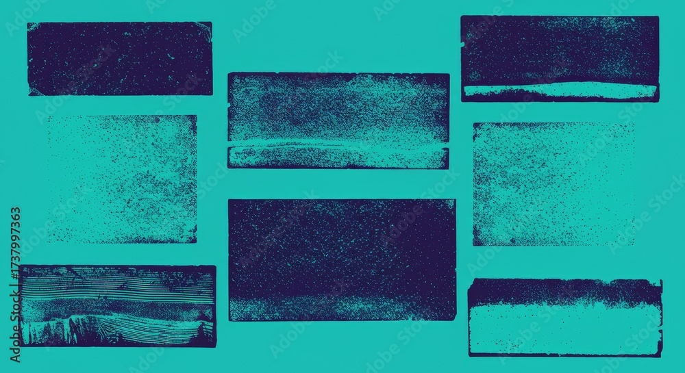 Fototapeta premium Collection of linocut rectangle textures with ink roller effects on a bright neon turquoise background. Vintage letterpress overlays with rough edges for urban and street art designs. 