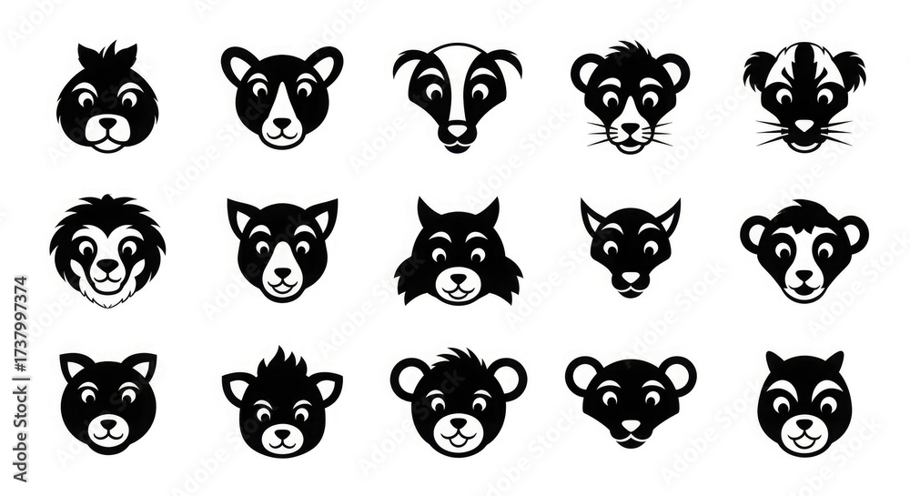 Fototapeta premium Animal face vector illustration set cute animals cartoon vector animal head icon design element graphic art