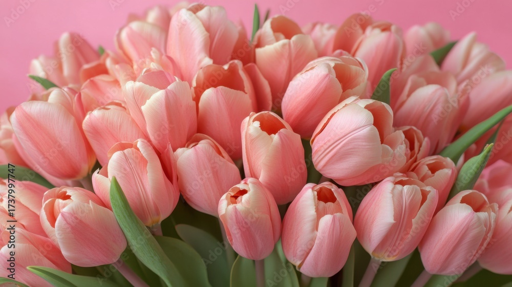 Fototapeta premium Charming bouquet of light pink tulips set against a gentle pink backdrop