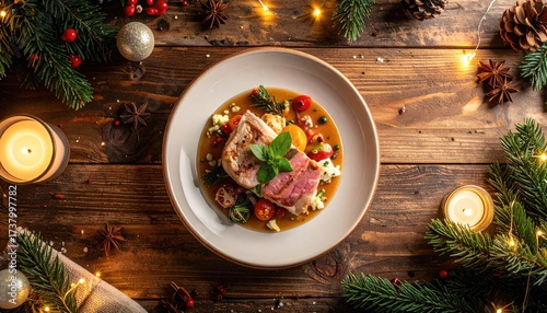 Festive Dish with Tuna and Christmas Decorations on Rustic Wooden Table with Moody Lighting and Evergreen Branches Overhead