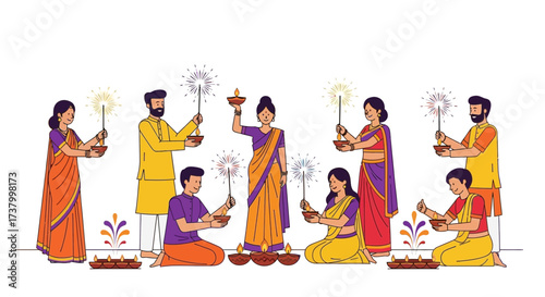 Family celebrating Diwali festival with traditional attire, sparklers and lamps in hand, spreading