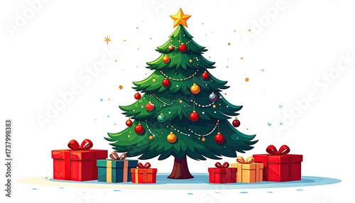 Festive Green Christmas Tree with Red Ornaments and Gift Boxes Underneath on a Clean White Background in Flat Design Style