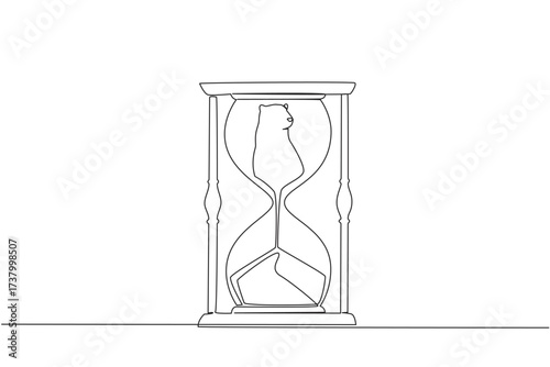 Continuous one line drawing the bottom of the polar bear is sucked into the hourglass. Preserve or become extinct faster. National Endangered Species Day. Single line draw design vector illustration
