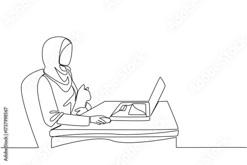 Single continuous line drawing an arab woman sits on a chair typing on a laptop and hugging a cat. Work seriously even from home. National Work From Home Day. One line design vector illustration