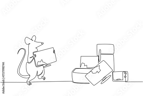 Continuous one line drawing rats carry broken monitors to trash bins filled with piles of electronic waste. Throw it away or fix it. National Pack Rat Day. Single line draw design vector illustration