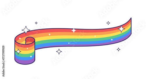 Vibrant rainbow scroll banner with sparkling stars for LGBTQ+ celebration emblem