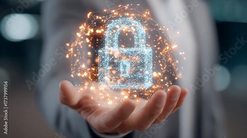Futuristic Digital Security Padlock Illuminating Hand with Connected Data Nodes