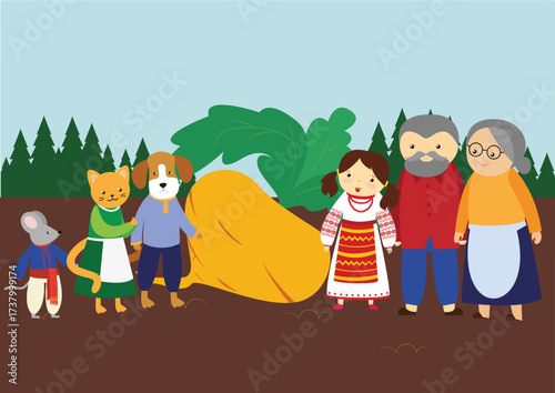 group of old people with dog and cat in the garden vector illustration design, illustration of a fairy tale about a turnip