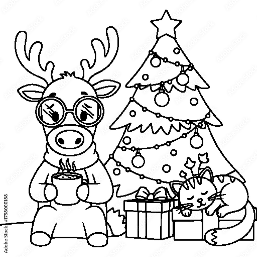 Naklejka premium Vector illustration of a deer and a cat next to a Christmas tree. Black and white line art of a cute deer wearing glasses and a calm cat. Ideal for holiday greeting cards or print designs.