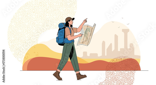 Illustration of a young woman exploring the world with a map and backpack in hand