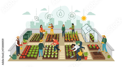 Illustration of urban rooftop garden with diverse people growing organic vegetables and herbs