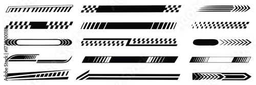 Racing cars and race car stripes set, angled checkered patterns, checkered flag, finish line, motocross labels, dynamic lines, motorsport, racing stripe speed, sport decals, vehicle tuning stickers
