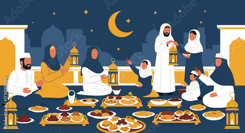 Illustrative depiction of a muslim family gathering for iftar during ramadan celebration