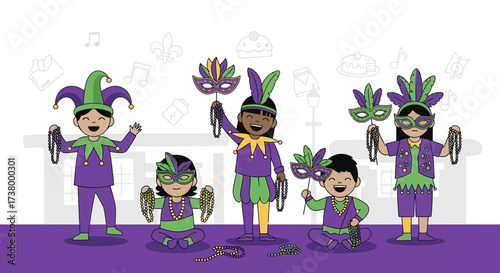 Joyful Mardi Gras celebration illustration with kids in costumes and festive beads