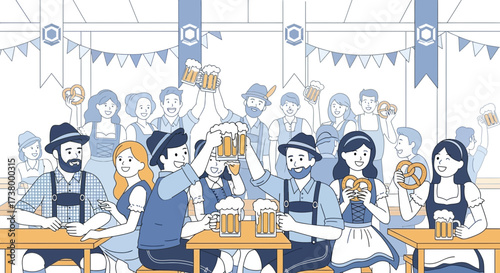 Oktoberfest celebration with people drinking beer and eating pretzels in a festive tent