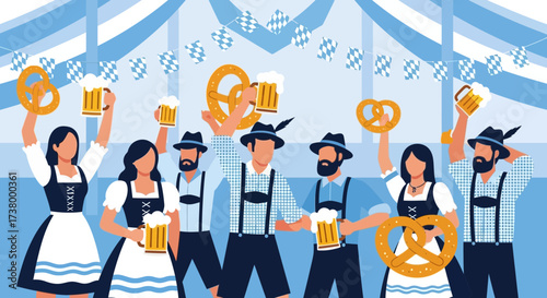 Oktoberfest celebration with traditional Bavarian attire beer and pretzels in vector format