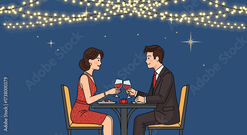 Romantic dinner illustration with a couple celebrating under festive lights in a cozy setting