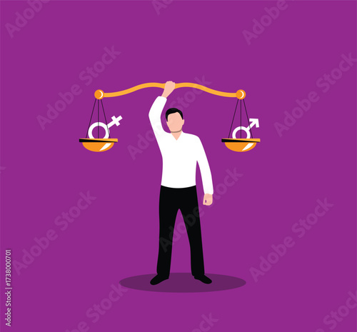 Business Man Holding Scales with Male and Female Symbols. Gender equal rights and responsibilities, equality in relationship vector art