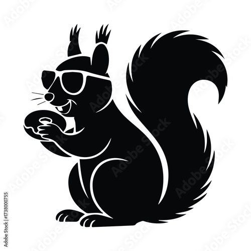 Cool black silhouette squirrel wearing sunglasses holding a donut ready for summer fun silhouette