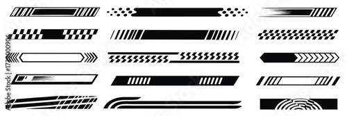 Racing cars and race car stripes set, angled checkered patterns, checkered flag, finish line, motocross labels, dynamic lines, motorsport, racing stripe speed, sport decals, vehicle tuning stickers
