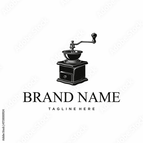 Classic logo design featuring a vintage manual coffee grinder illustration with placeholder text.